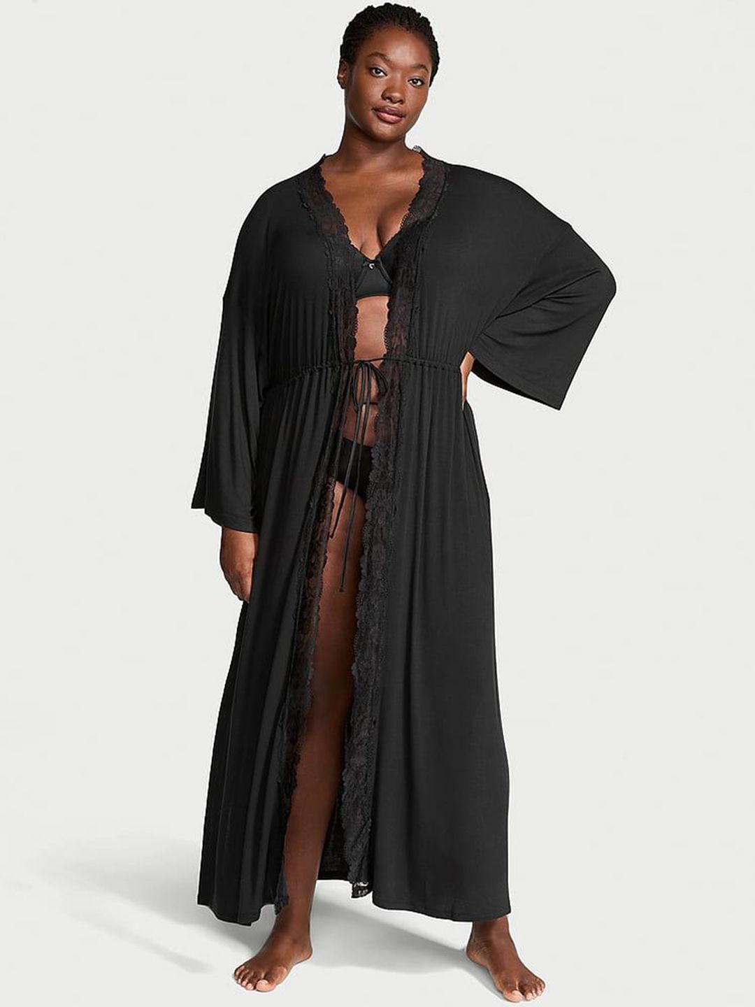 Victoria's Secret Ribbed Lace-Trim Maxi Robe-picture-32