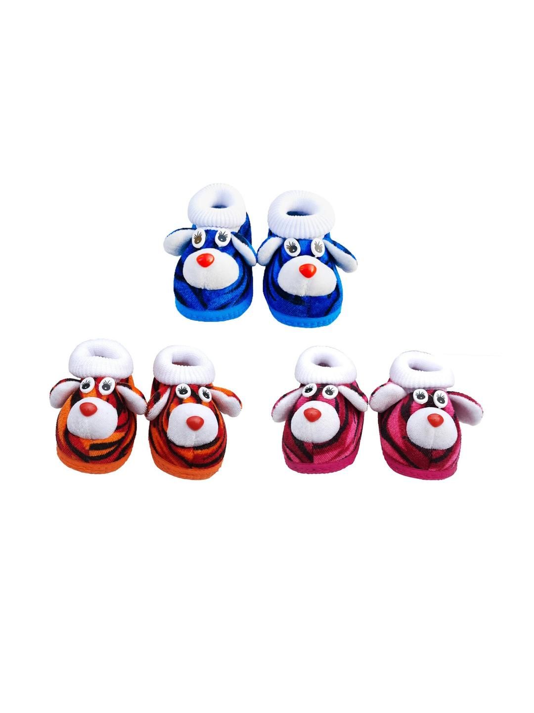 LMN CHILD CARE Unisex Kids Set Of 3 Blue, Orange, Pink Cotton Booties-picture-28