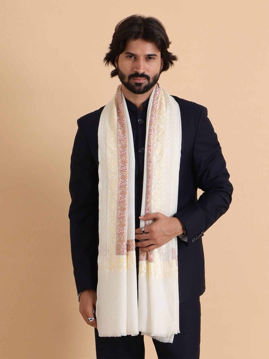 Tweedle Men Embroidered Stole with Fringes-picture-24