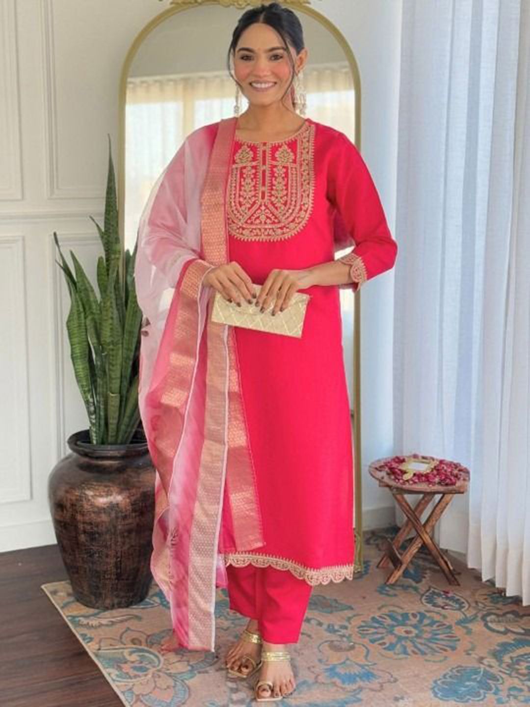 JAINICA Women Ethnic Motifs Embroidered Regular Thread Work Kurta with Trousers & Dupatta