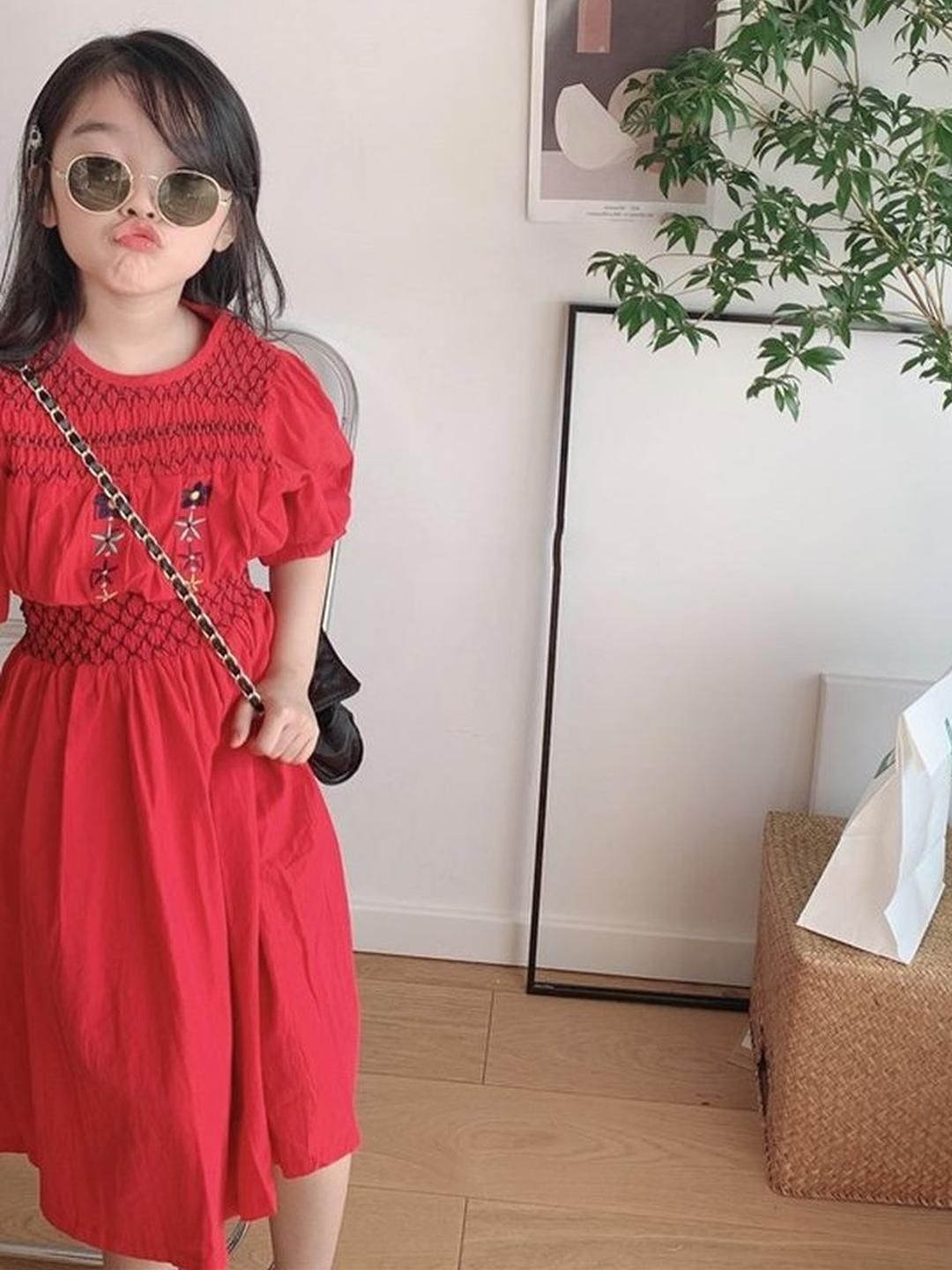 LULU & SKY Girls Floral Embroidered Puff Sleeve Smocked Cotton Fit & Flare Dress-picture-36