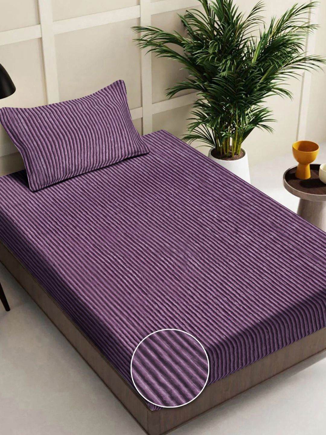 Myntra Elegant Homes Purple Striped Single Bedsheet with 1 Pillow Covers-picture-45