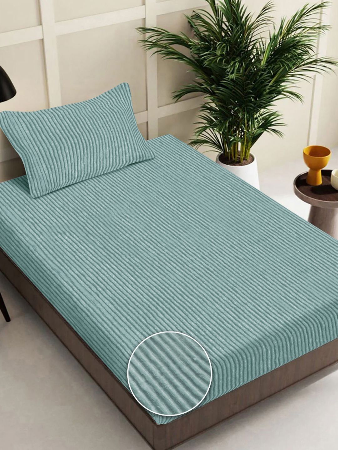 Myntra Elegant Homes Green Striped Single Bedsheet with 1 Pillow Covers-image-33