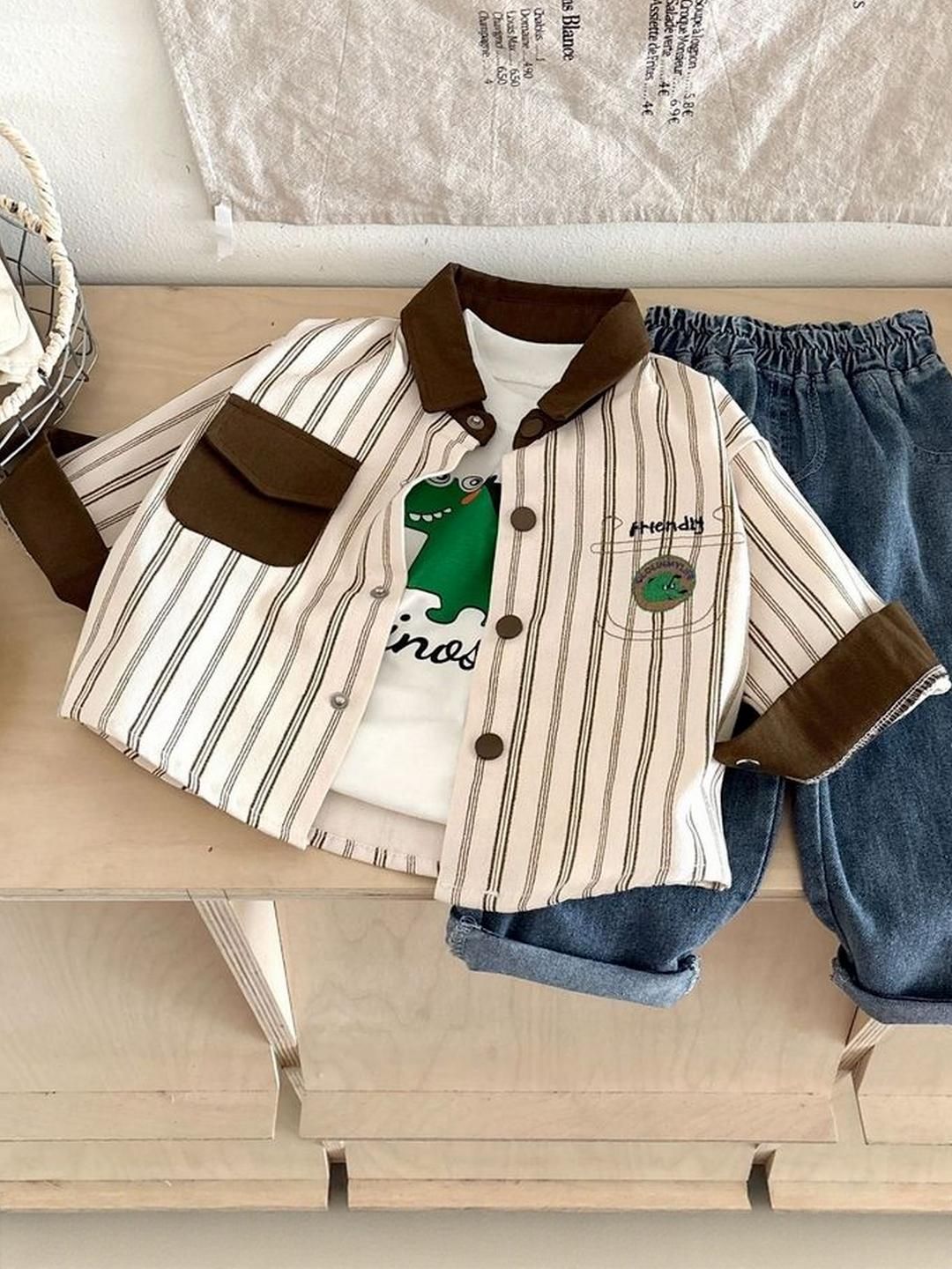 LULU & SKY Boys Striped Shirt Collar Pure Cotton T-shirt and Shirt with Trousers-image-40