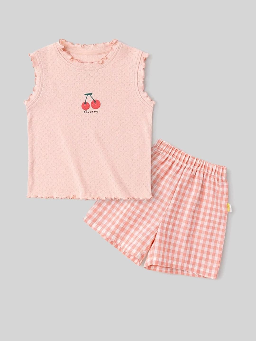 LULU & SKY Girls Novelty Printed Sleeveless Pure Cotton Top With Checked Shorts-picture-37