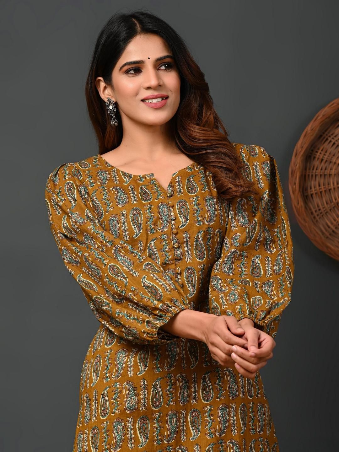 Rimeline Ethnic Motifs Printed Round Neck Puff Sleeves Pure Cotton Kurta-picture-58
