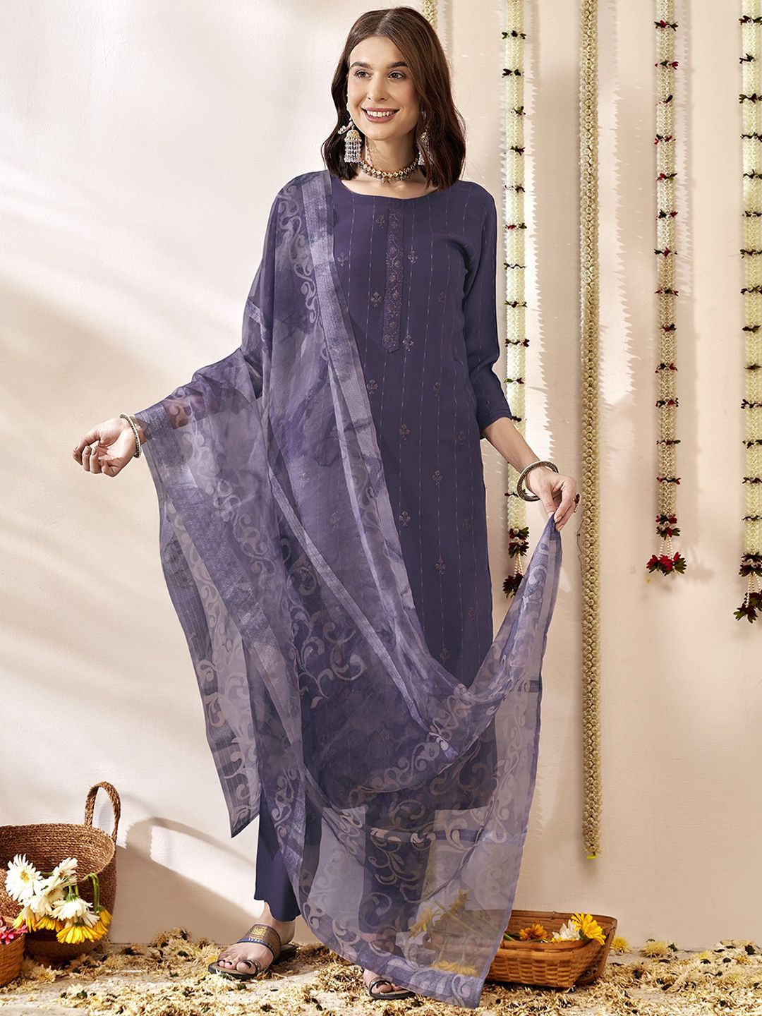 Anouk Floral Embroidered Sequinned Straight Kurta With Trouser And Dupatta