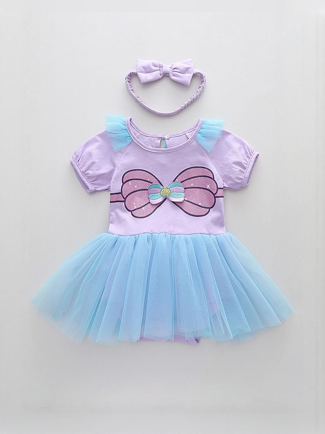 LULU & SKY Girls Colourblocked Puff Sleeve Ruffled Fit & Flare Dress With Headband-picture-37