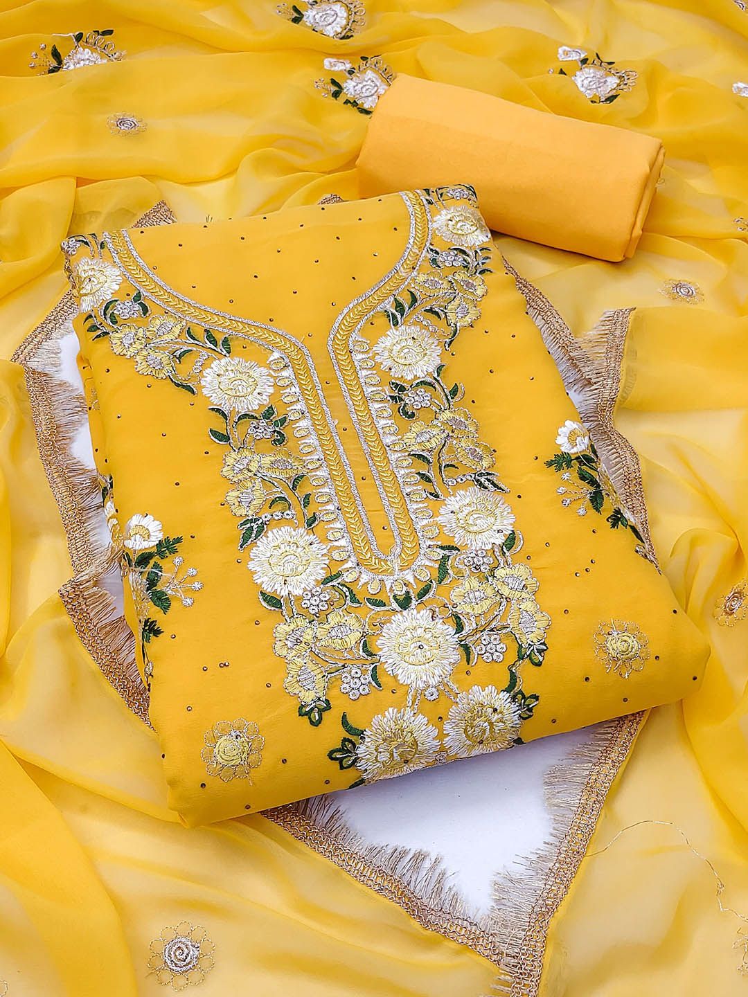 Maroosh Floral Embroidered Beads And Stones Silk Georgette Unstitched Dress Material