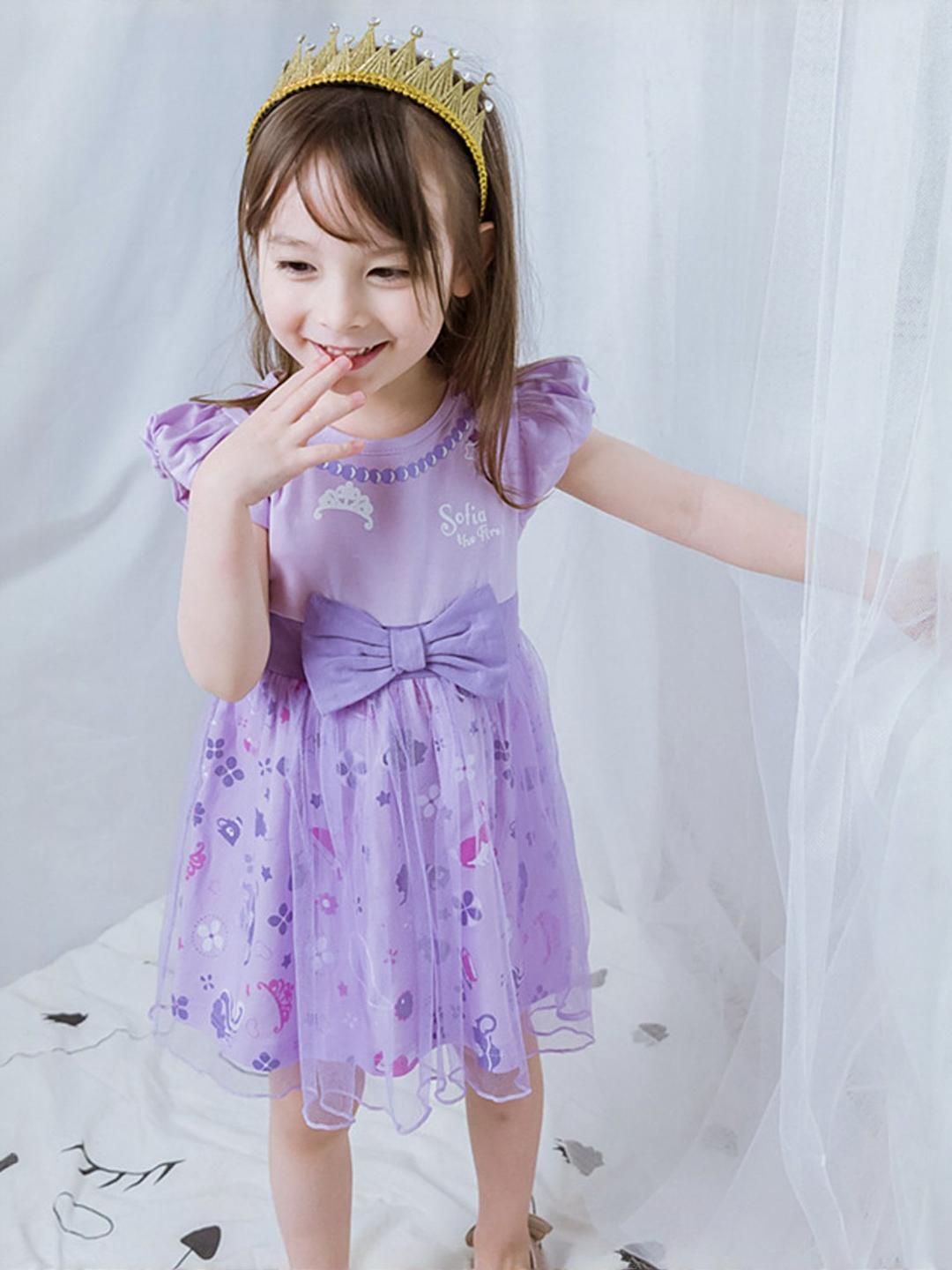 LULU & SKY Girls Cotton Printed Puff Sleeve Fit & Flare Bow Detail Dress-picture-33