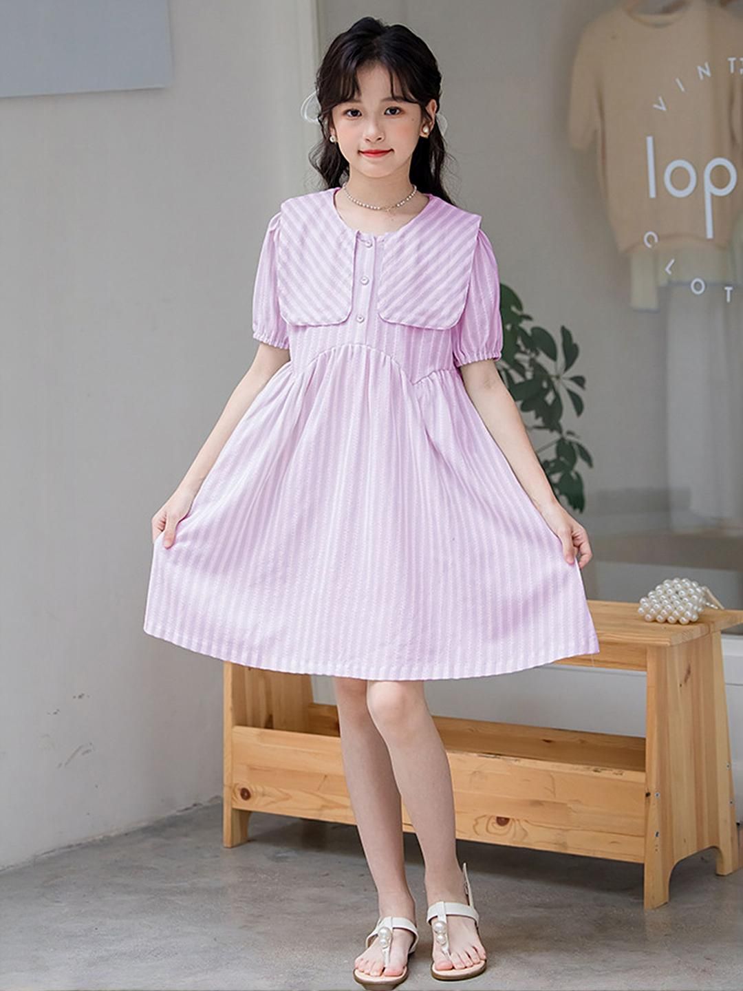 LULU & SKY Girls Striped Peter Pan Collar Puff Sleeve Fit & Flare Dress-picture-21