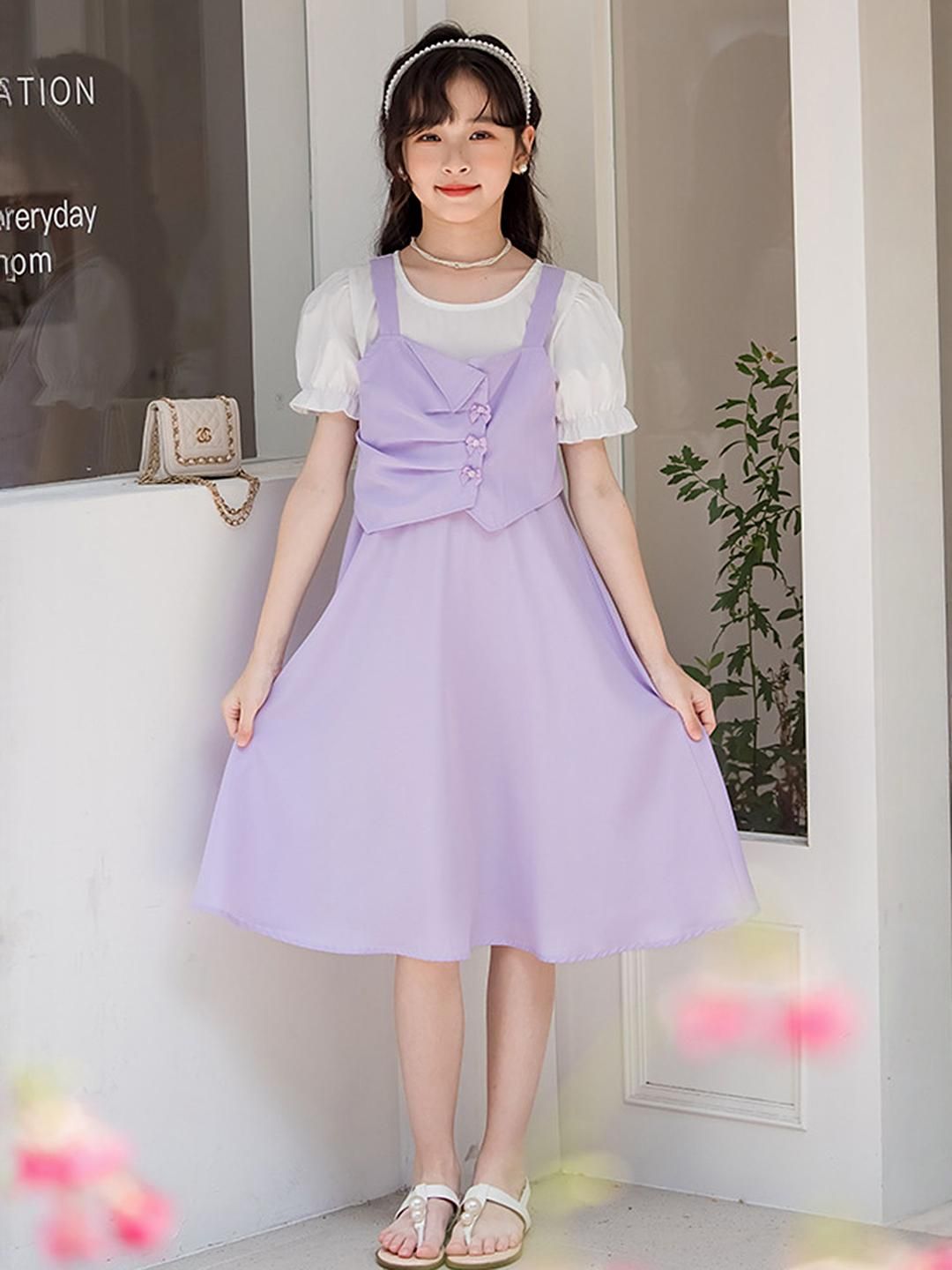 LULU & SKY Girls Colourblocked Puff Sleeve Fit & Flare Dress-picture-32