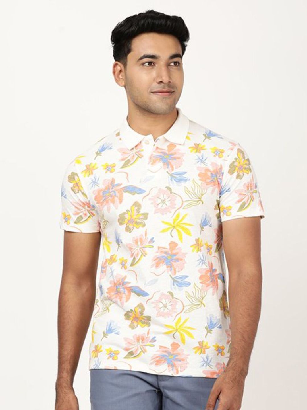 Indian Terrain Floral Printed Polo Collar Short Sleeves Pure Cotton T-Shirt-picture-28