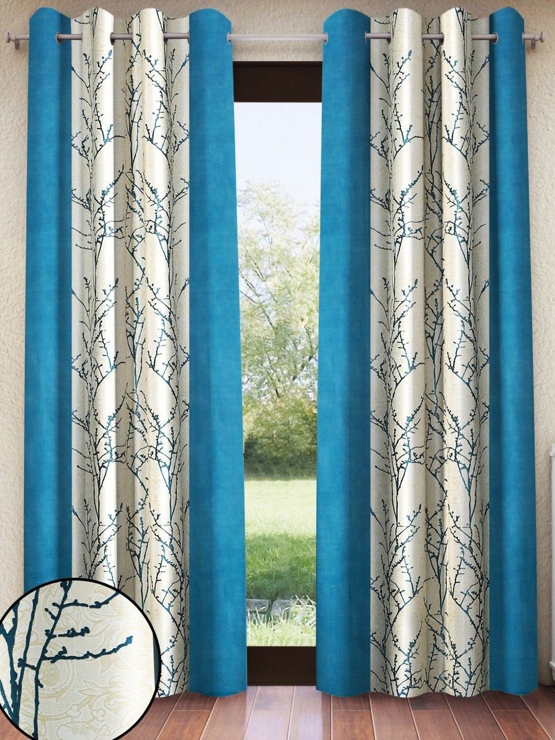 Home Sizzler Turquoise Blue & Cream 2 Pieces Floral Long Door Curtains-image-21