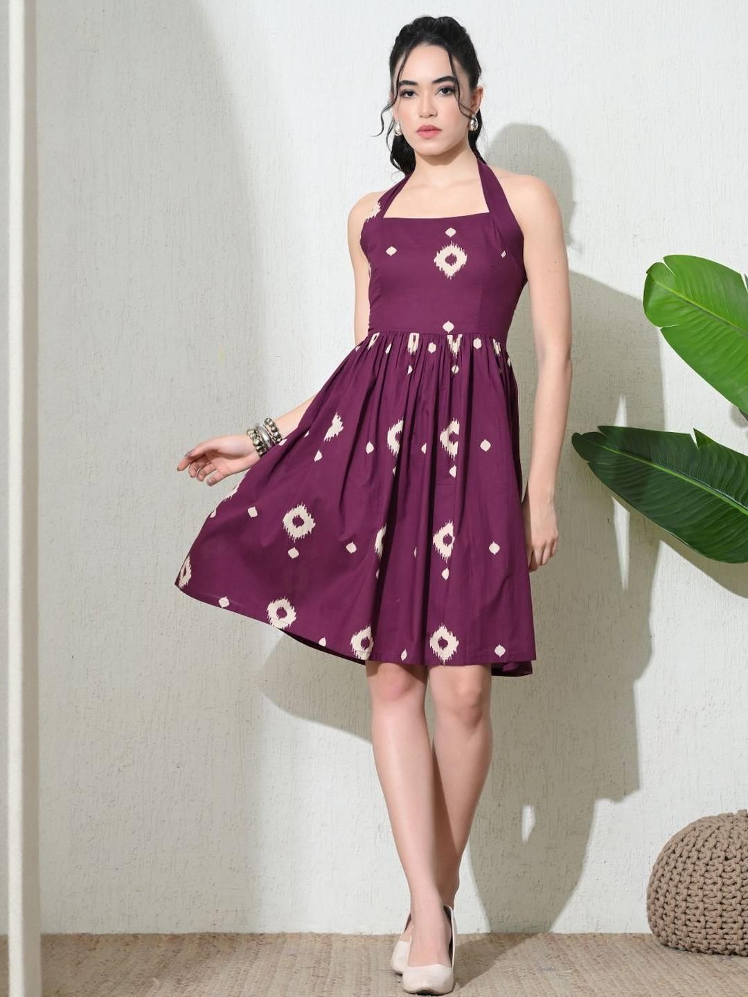 KALAMIR Women Moonberry Printed Halter Neck Fit & Flare Dress