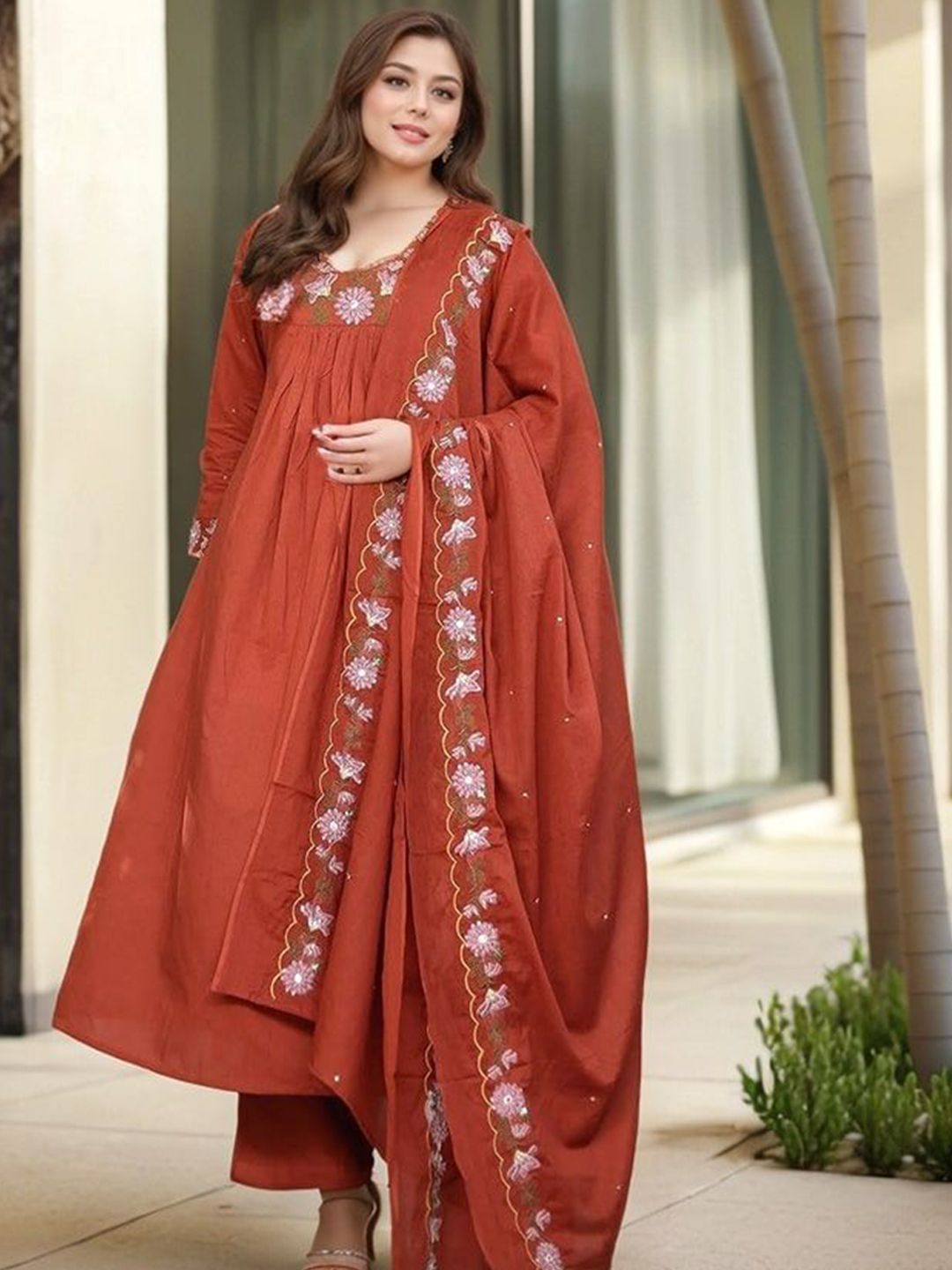 Moda Rapido Women Floral Embroidered Pleated Thread Work Kurta with Trousers & Dupatta