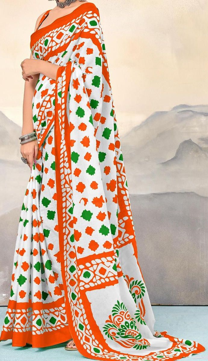 Buy KALINI Geometric Block Printed Cotton Saree With Unstitched Blouse ...