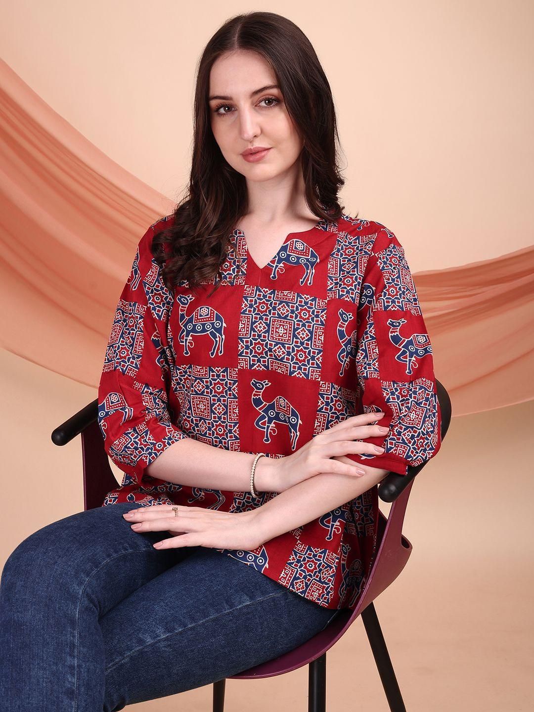 Kinjo Women V-Neck Puff Sleeves Cotton A-Line Top-picture-39