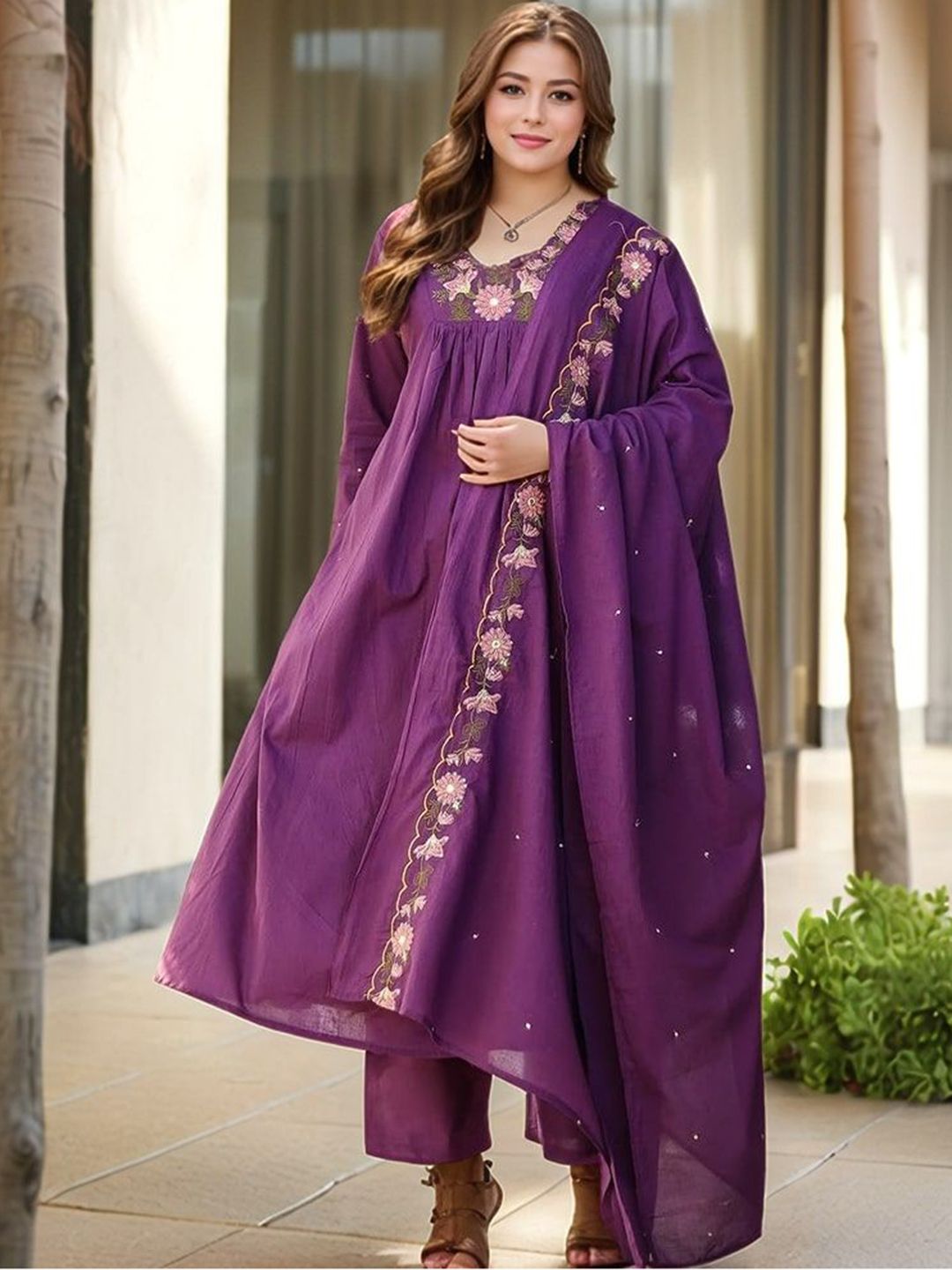 Moda Rapido Floral Embroidered Thread Work V-Neck Anarkali Kurta With Trousers & Dupatta