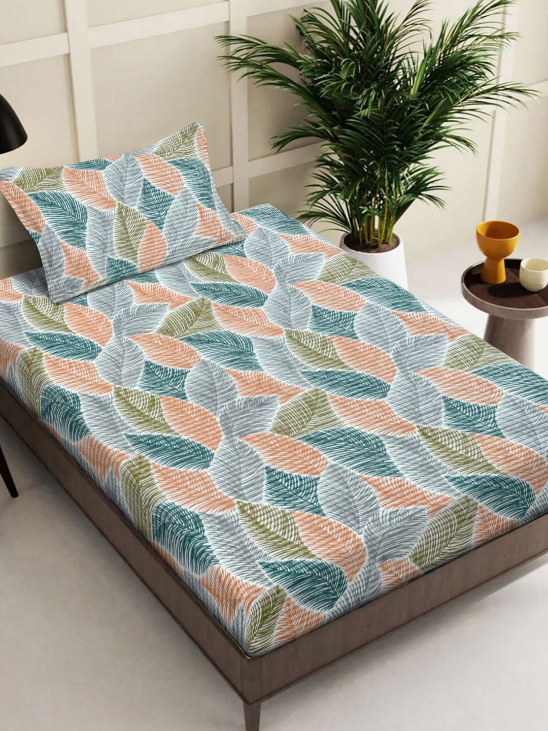 Myntra Elegant Homes Blue & Peach-Coloured Floral Single Bedsheet with 1 Pillow Covers-picture-14