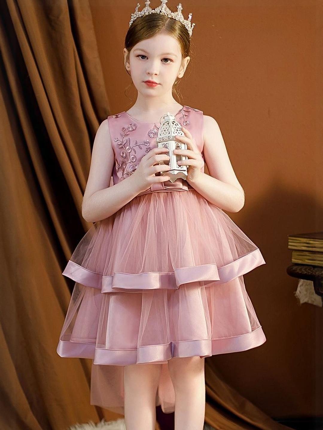 LULU & SKY Girls Floral Embroidered Round Neck Layered Fit & Flare Dress-picture-33