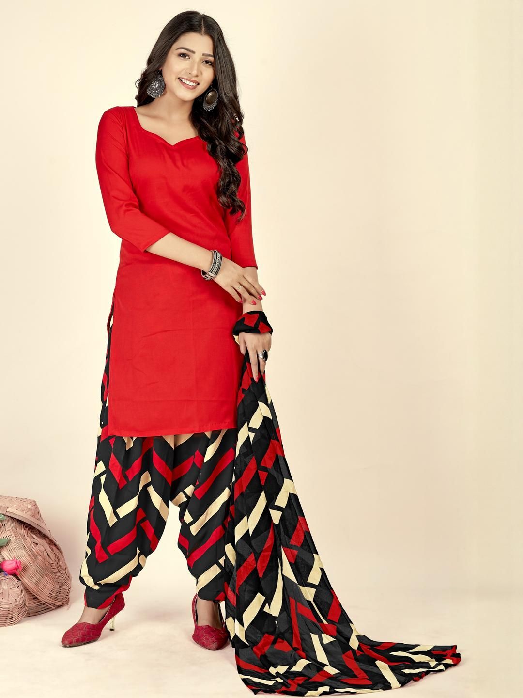 Unstitched Printed Cotton Blend Kurta & Patiyala Dress Material with Dupatta-image-42