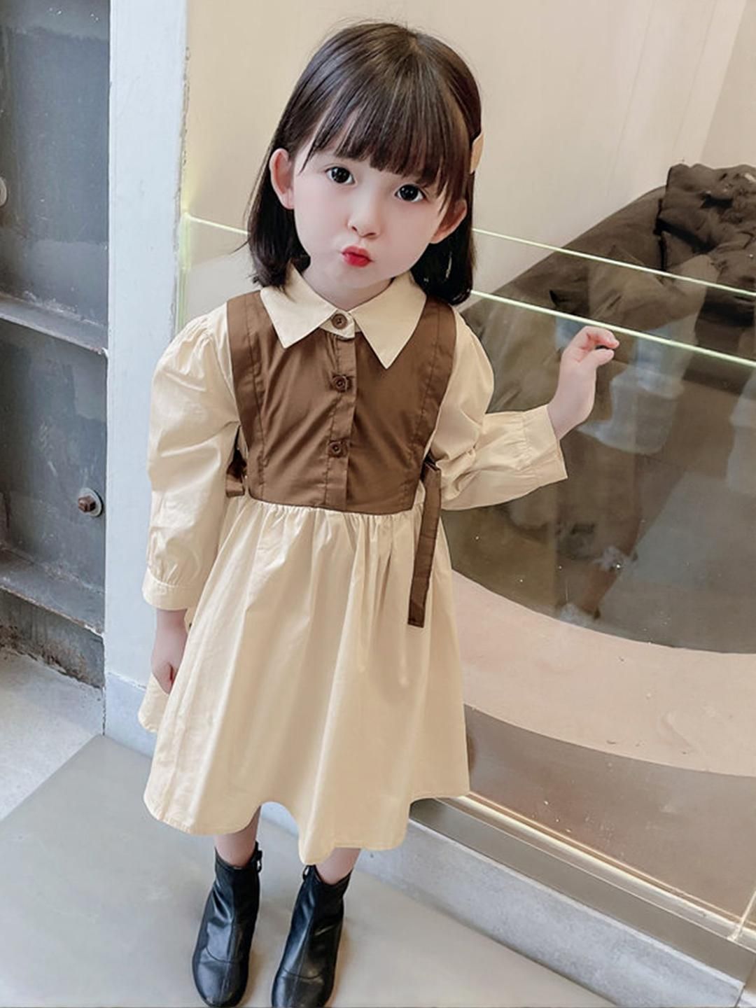 LULU & SKY Girls Colourblocked Tie-Up Neck Shirt Collar Bell Sleeve Fit & Flare Dress-picture-41