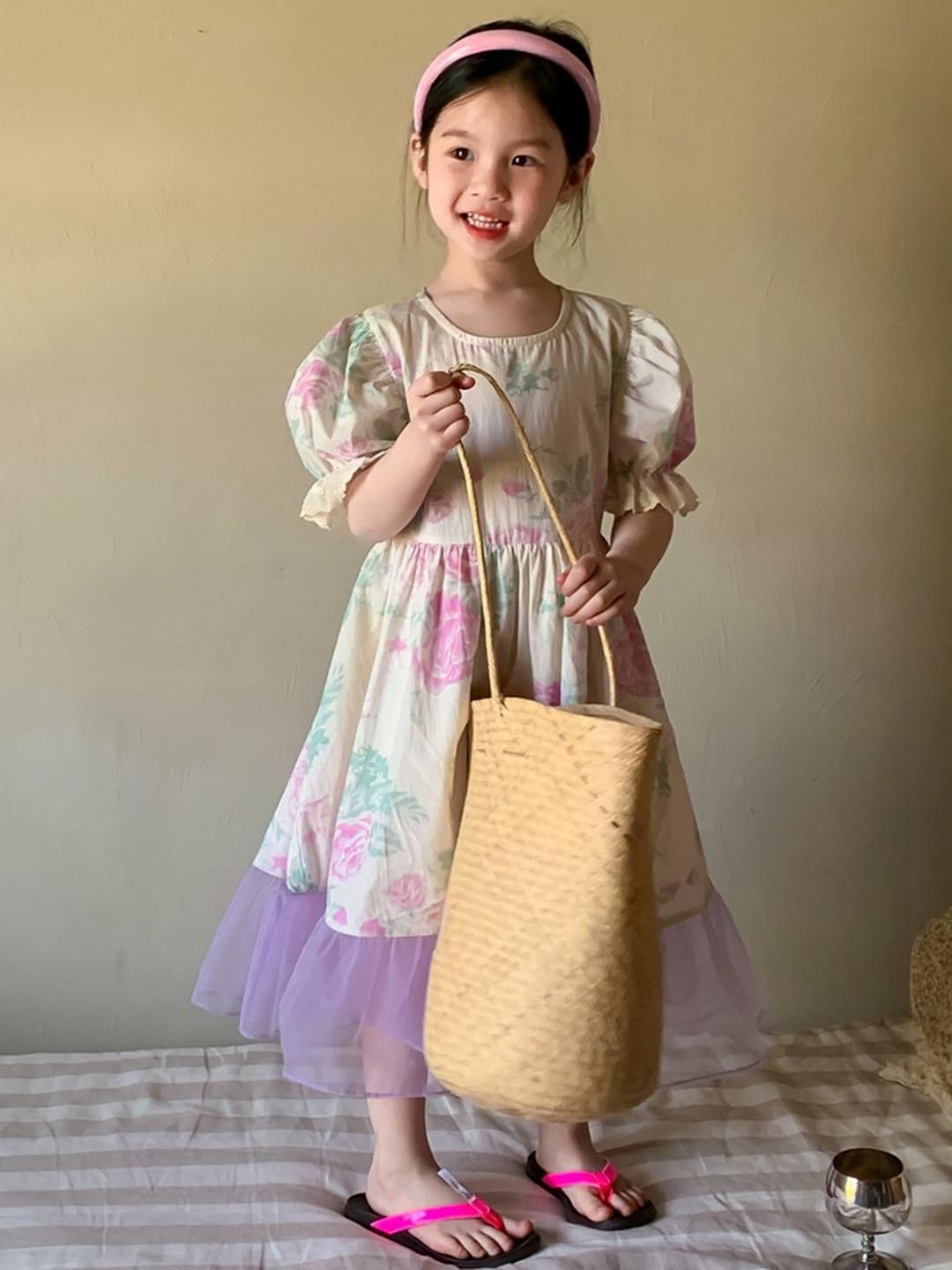 LULU & SKY Girls Floral Printed Puff Sleeve Pure Cotton Fit and Flare Midi Dress-image-1