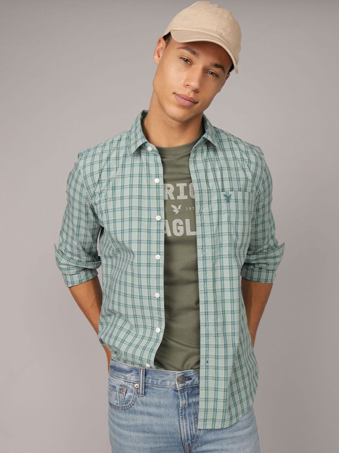 AMERICAN EAGLE OUTFITTERS Men Slim Fit Checked Spread Collar Pure Cotton Casual Shirt-picture-22