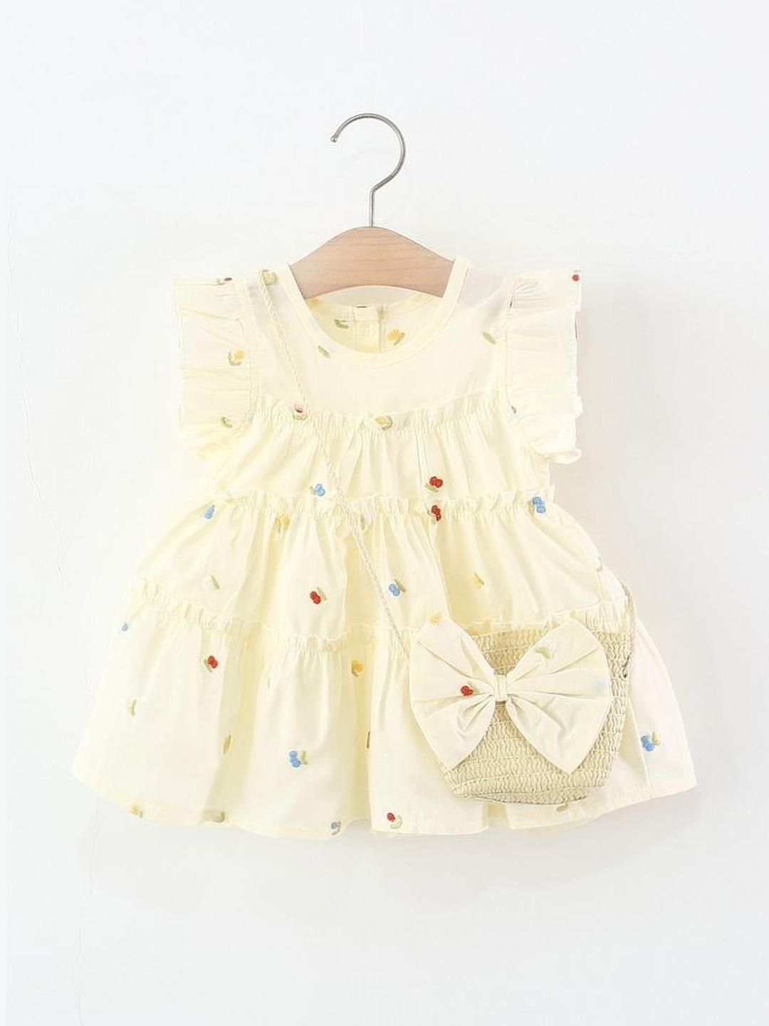 LULU & SKY Girls Floral Embroidered Round Neck Flutter Sleeve Tiered Fit & Flare Dress-picture-12