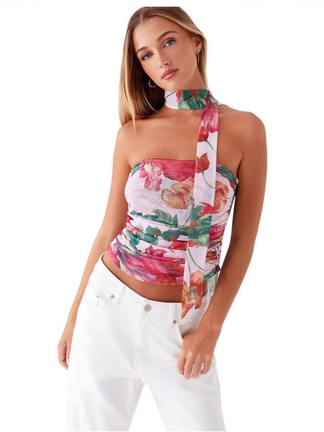 Outzidr Women Floral Printed Scarf Neck Sleeveless Pleated Crop Top-picture-29