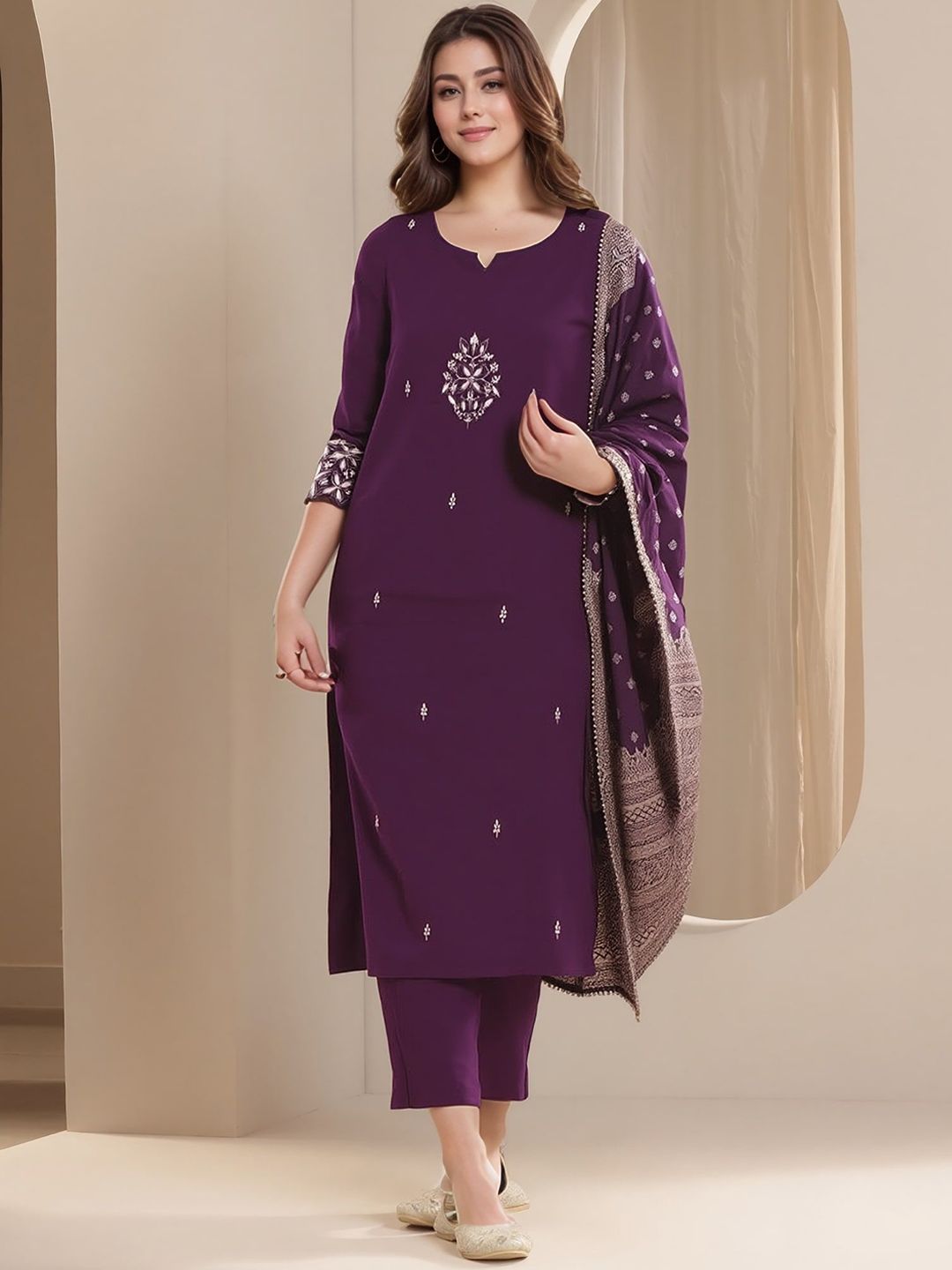 Moda Rapido Floral Embroidered Sequinned Notch Neck Straight Kurta With Trousers & Dupatta