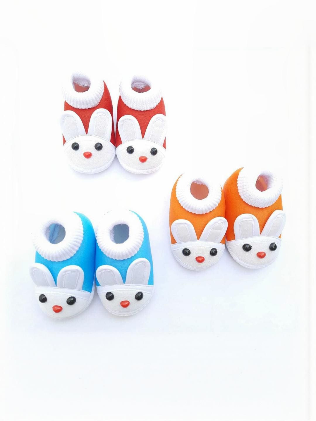 LMN CHILD CARE Unisex Kids Blue Orange & Red Set Of 3 Bunny Printed Cotton Booties-image-16