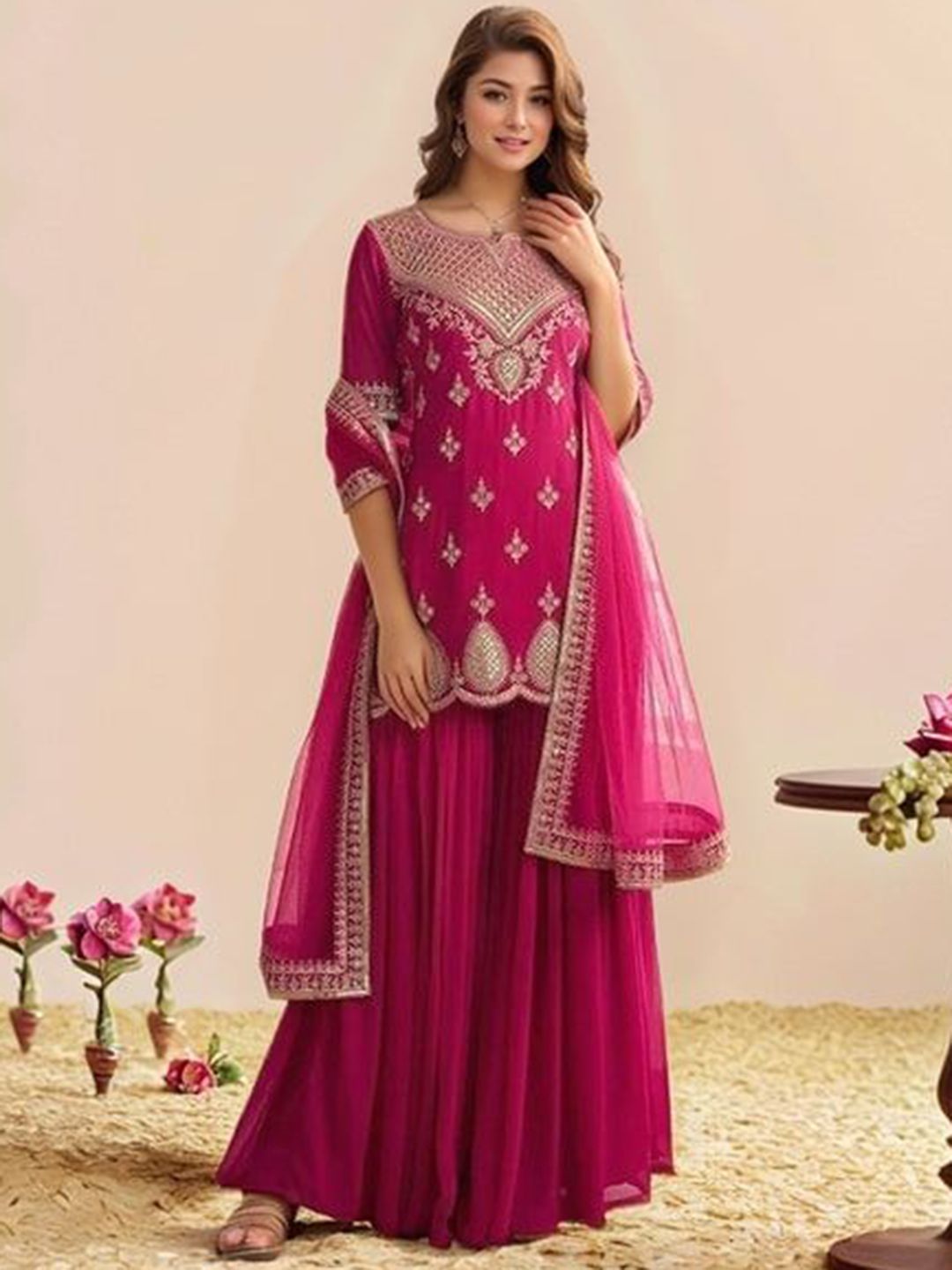 Moda Rapido Ethnic Motifs Embroidered Round Neck Sequinned Kurta With Sharara & Dupatta