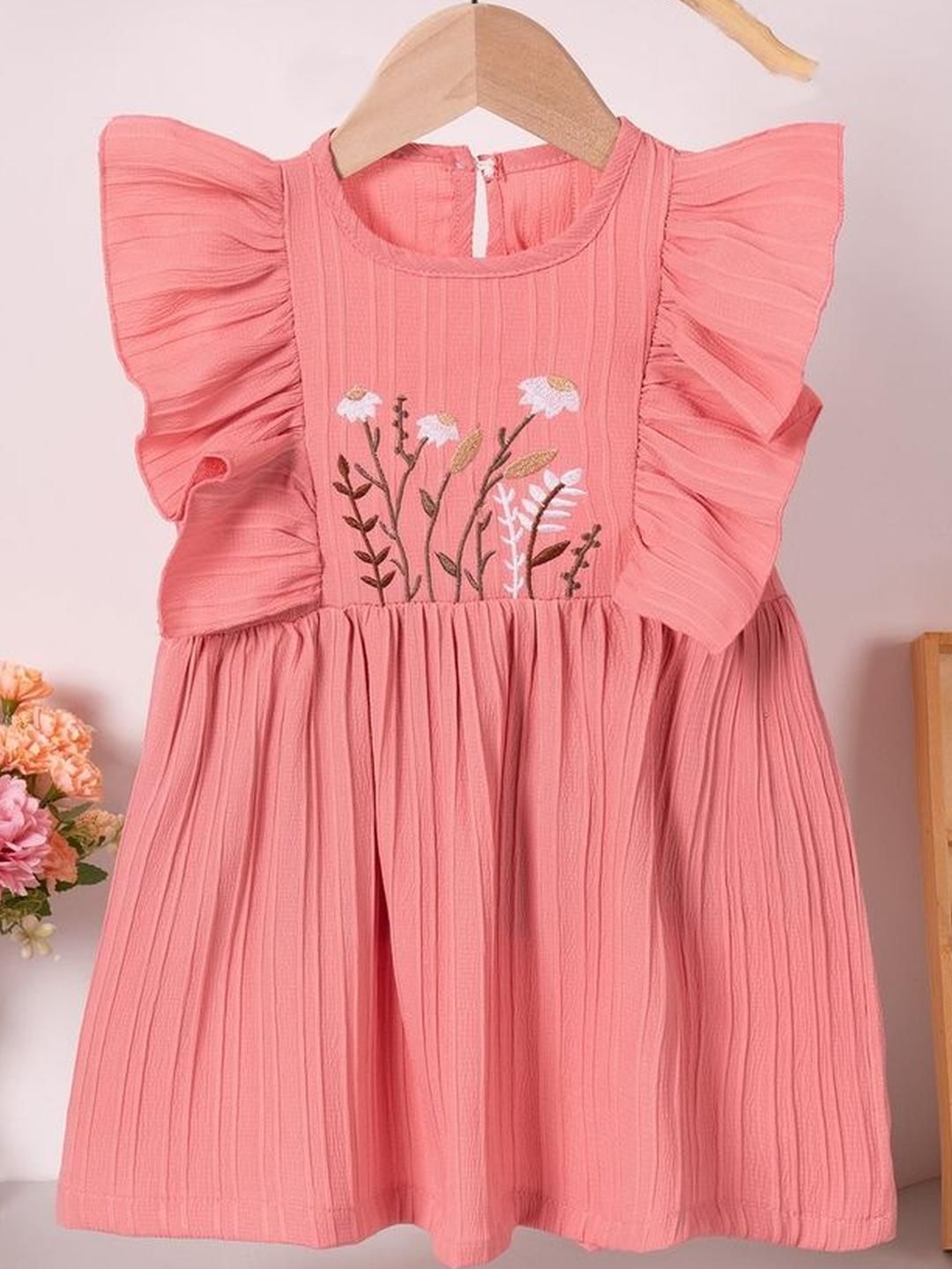 LULU & SKY Girls Floral Embroidered Round Neck Flutter Sleeve Dress-picture-13