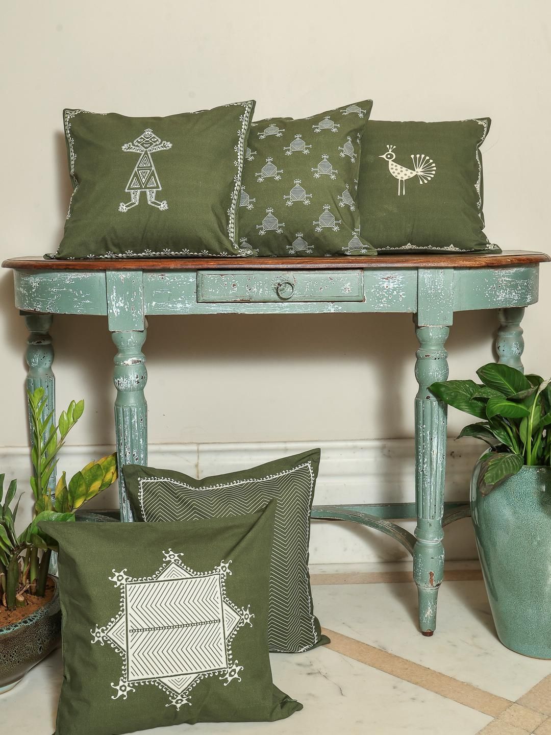 Crown of Poppies Sacred Geometry Pack of 5 Olive Rajasthani Mandana Series Cushion Covers-picture-28