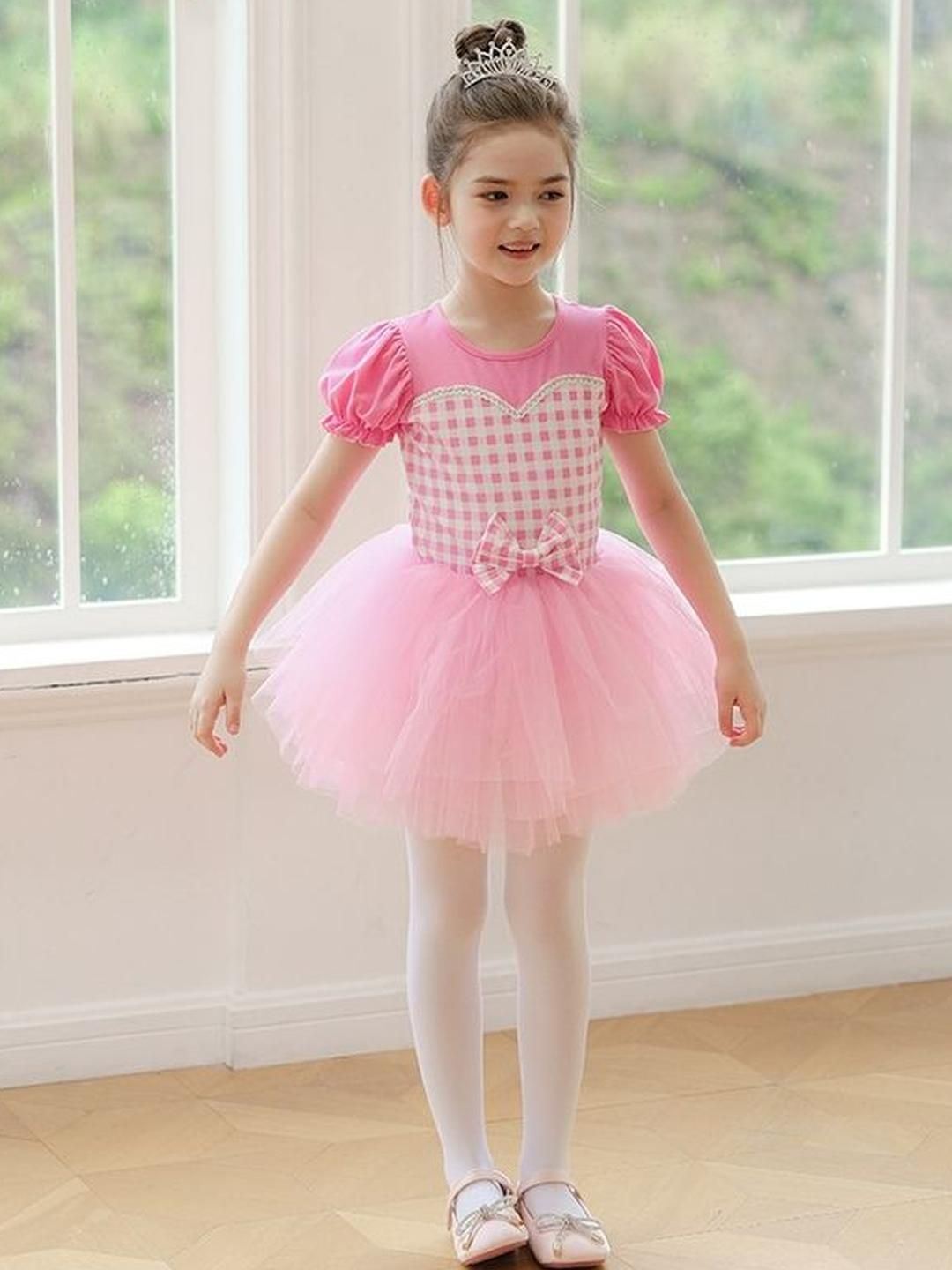 LULU & SKY Girls Check Pattern Bow Detail Puff Sleeve Fit & Flare Dress-picture-23