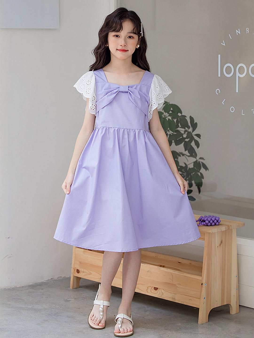 LULU & SKY Girls Colourblocked Square Neck Cap Sleeves Cotton Fit & Flare Dress-picture-39