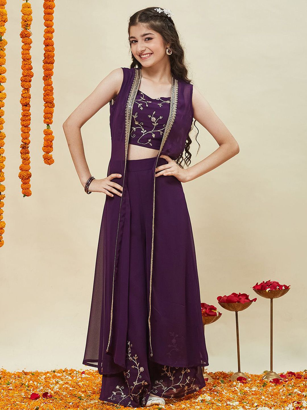 CurlyTales Girls Embroidered Georgette Top With Shrug & Palazzo-picture-38