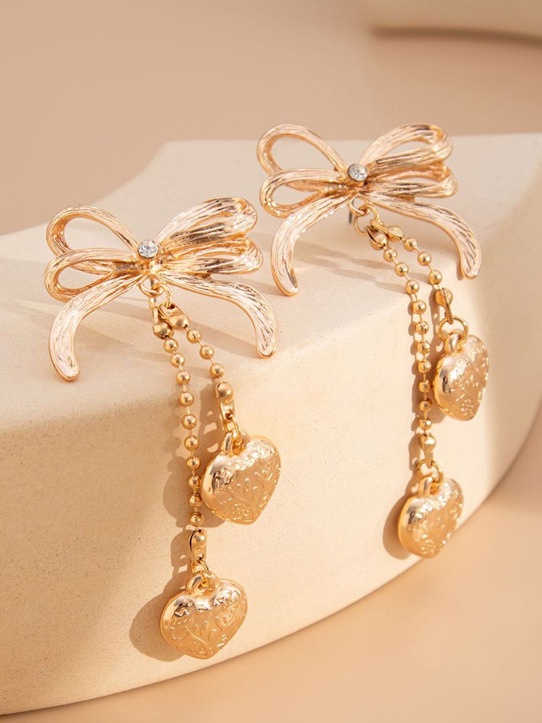 StyleCast x Revolte Gold-Plated Artificial Stones Studded & Beaded Heart Drop Earrings-picture-32