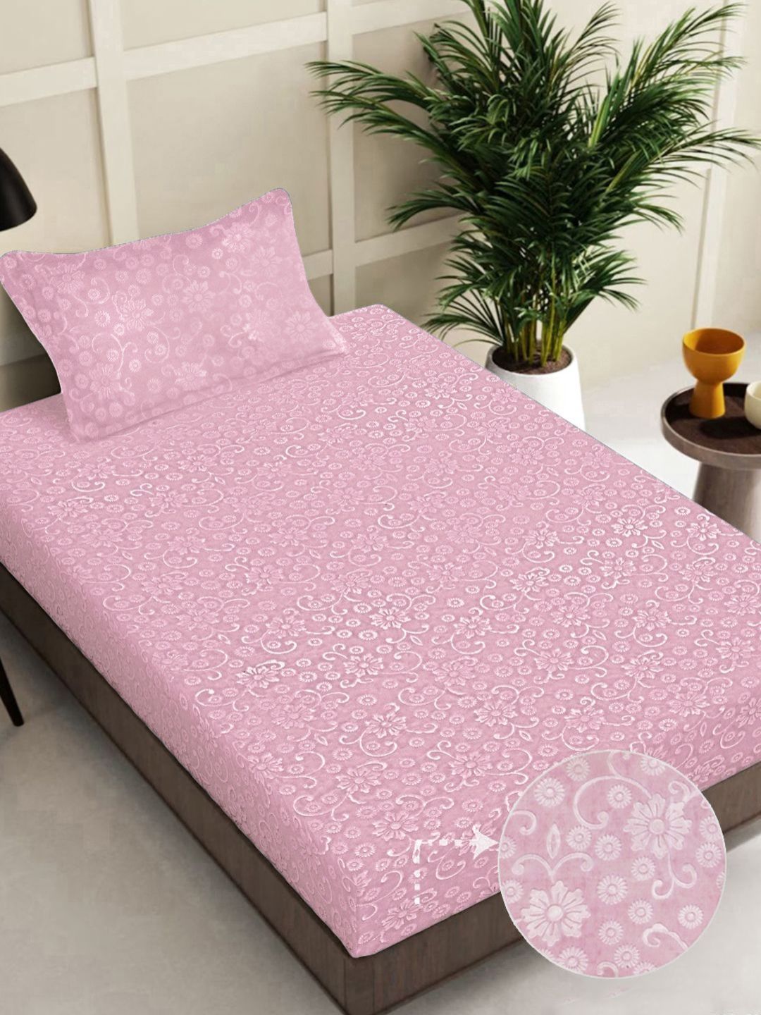 Myntra Elegant Homes Pink Floral Printed Woollen 300 TC Single Bedsheet Set 2.25 m X 1.5 m-picture-37
