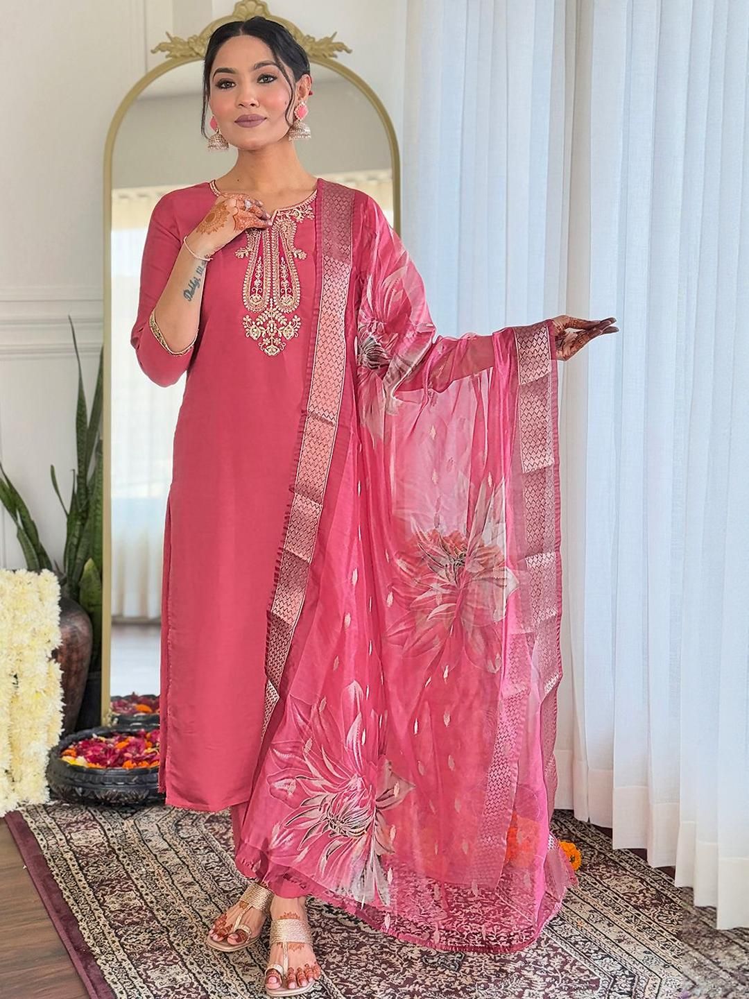 KALINI Women Woven Design Embroidered Kurta with Trousers & Dupatta