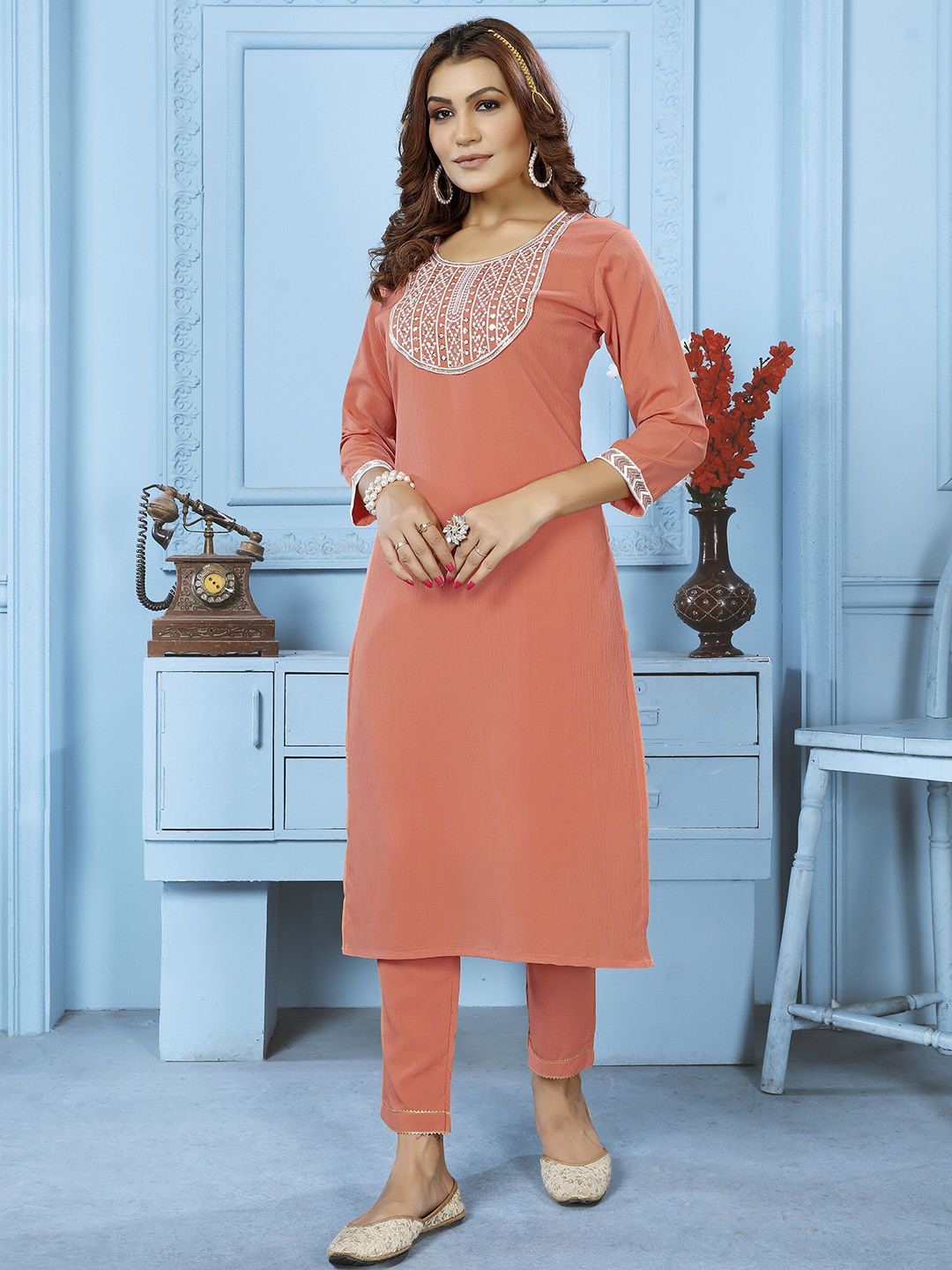 DIVASTRI Women Woven Design Embroidered Cotton Kurta with Trousers-picture-28