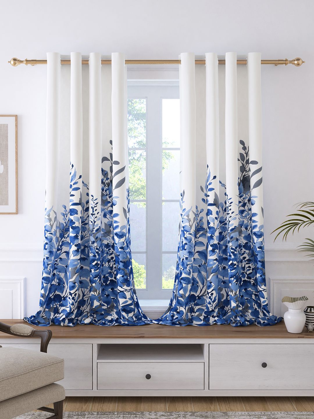 Story@home Bohemian White & Blue 2 Pieces Floral Cotton Room Darkening Window Curtains-picture-39