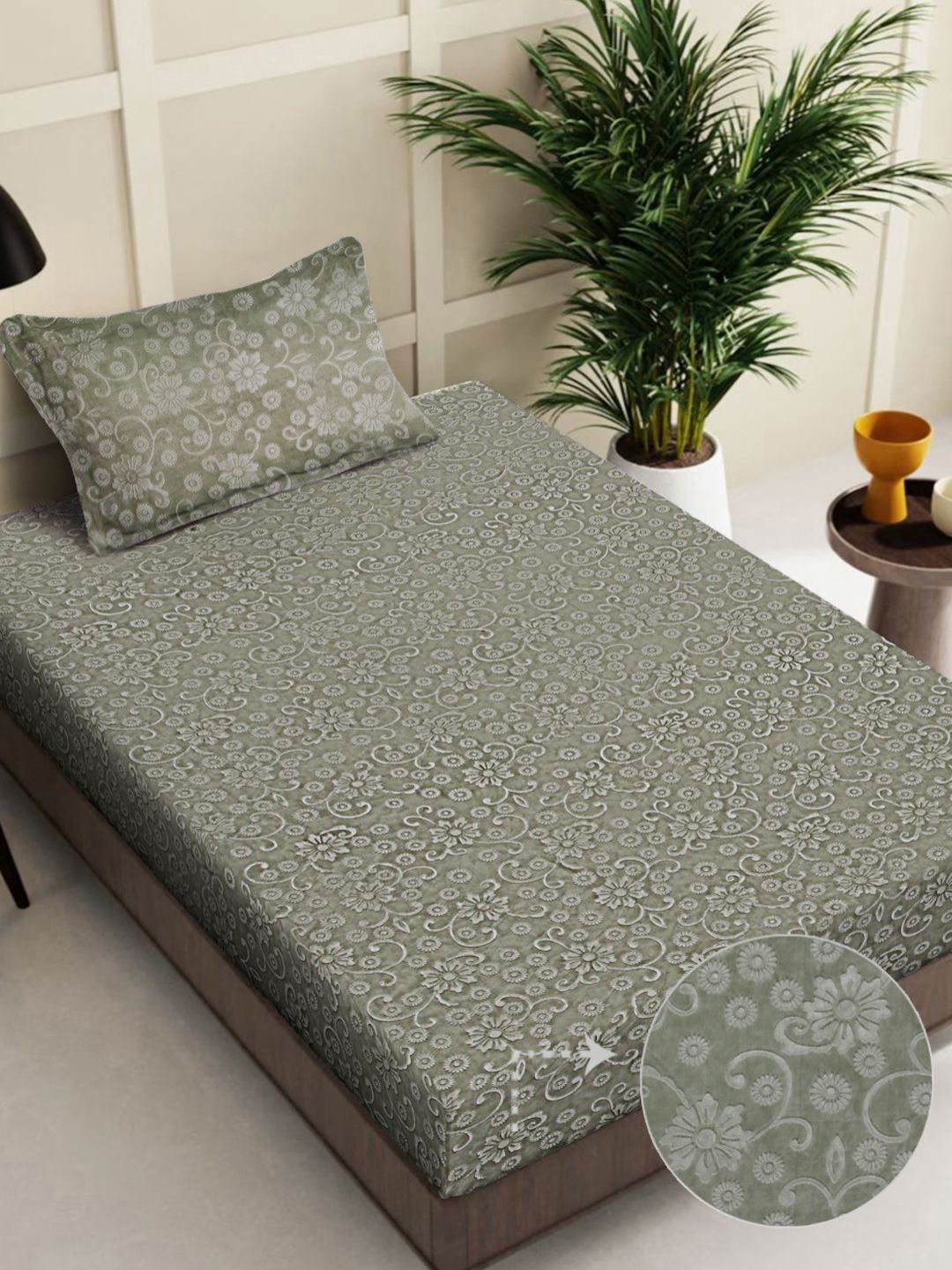 Myntra Elegant Homes Taupe Floral Embossed 300 TC Single Bedsheet Set 2.25 m x 1.5 m-picture-27