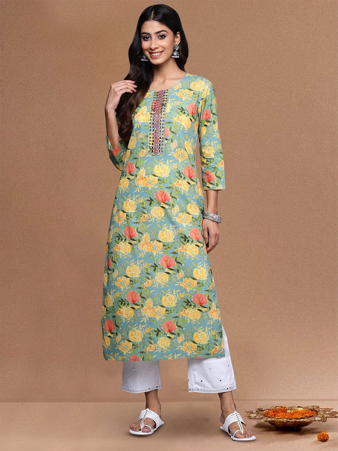 Varanga Women Floral Printed Festive Cotton Straight Kurta-picture-16