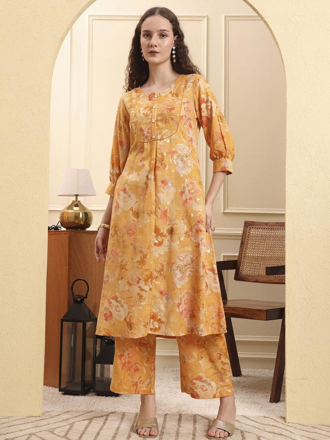 Yufta Women Floral Printed Linen A-Line Kurta with Trousers