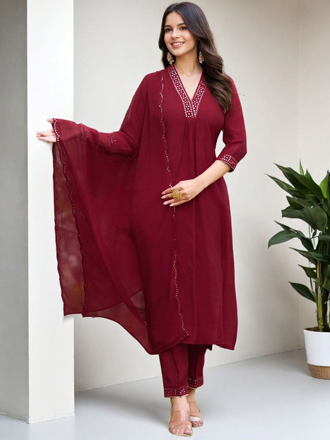 SZN Women Solid Kurta with Trousers & Dupatta