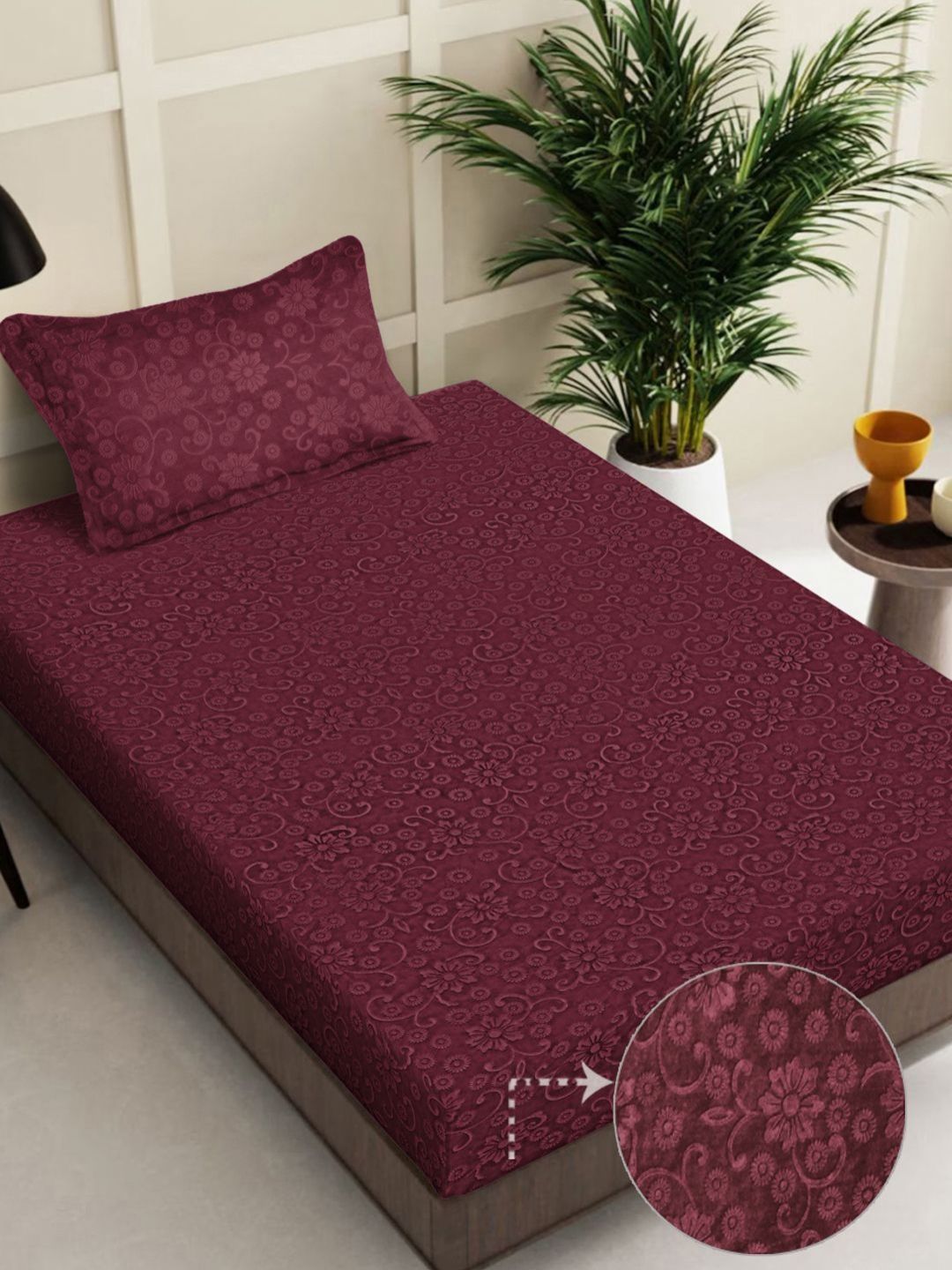 Myntra Elegant Homes Maroon Printed Woollen 300 TC Single Bedsheet Set 2.25 m X 1.5 m-image-36