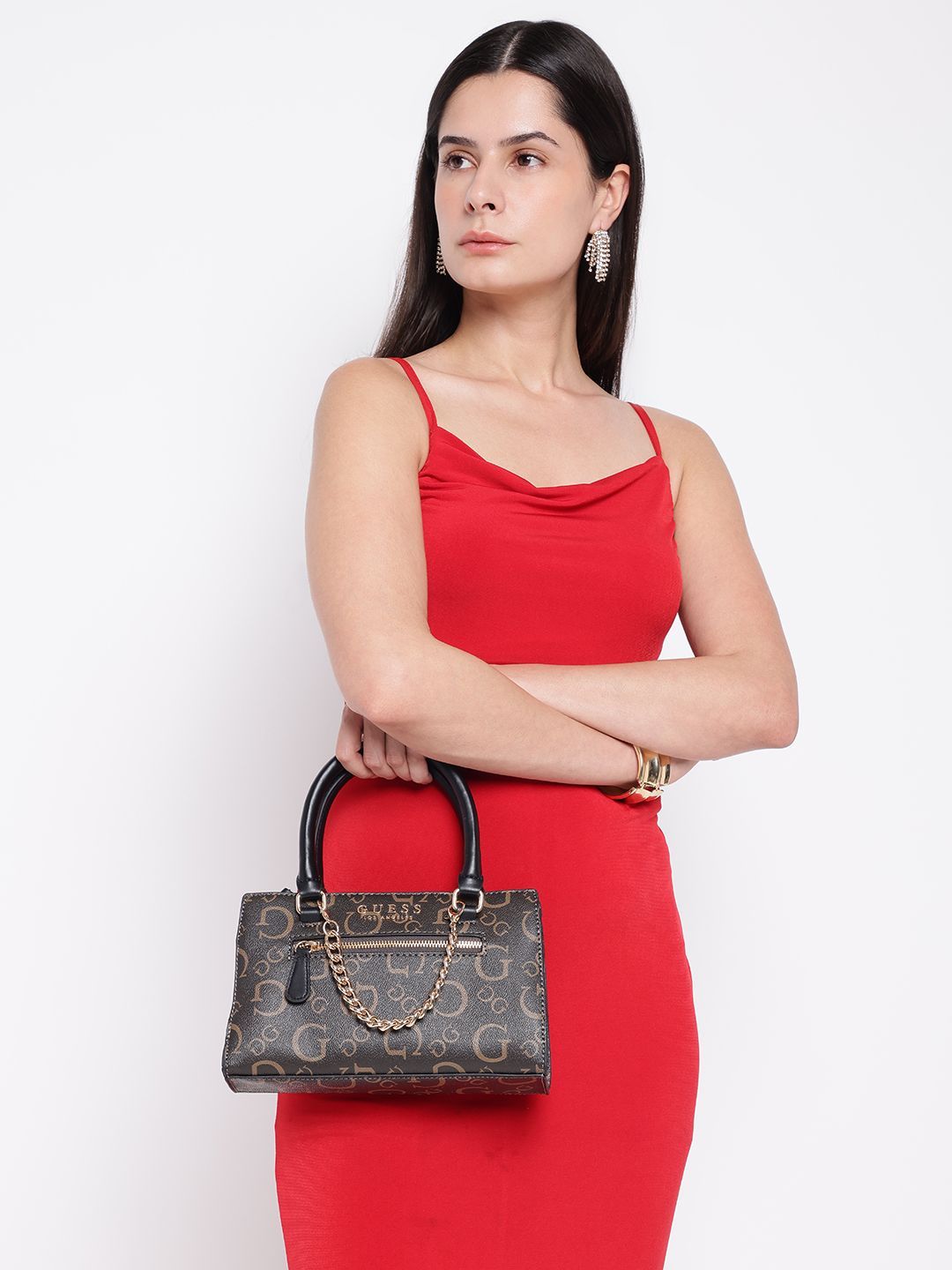 GUESS Women Brand Logo Printed Structured Handheld Bag